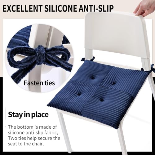 Office Stacking Chair Cushions 4 Pack, Corduroy High Density Foam Kitchen Seat Cushions with Ties, Square 17" x 17" Indoor Non-Slip Dining Chair Pads, Navy Blue，4pcs - Image 5