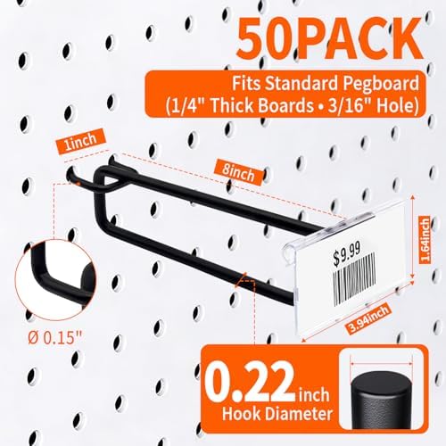 8" Pegboard Hooks with Label, 50Pcs Heavy Duty for 1/4" Board, Garage Storage - Image 2