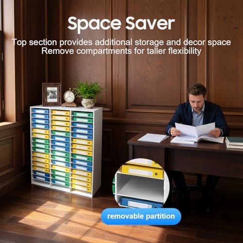 Literature Organizer with 48 Compartments, Adjustable File Sorter Mail Center, PVC Paper Storage Cabinet with Shelves for Home, Office & Classroom, White - Image 4