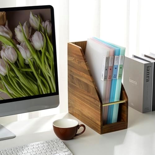 MyGift Premium Hotel Series Solid Acacia Wood Desktop Magazine File Holder Bin with Brass Tone Metal Accent, Vertical Office Desk Document Folder Binder Storage Organizer Rack (Pack of 2) - Image 4