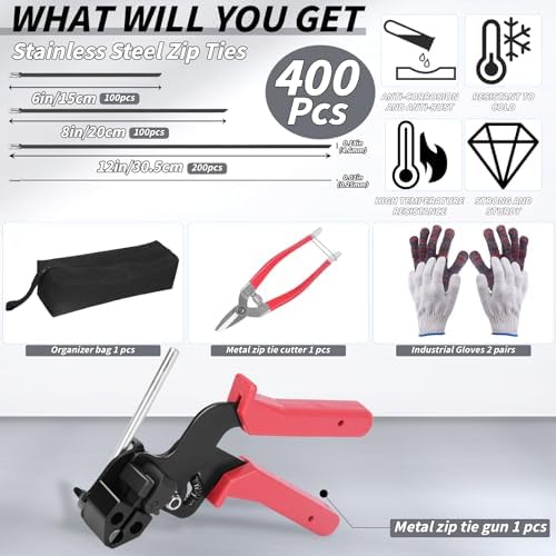 400PCS Metal Zip Ties Gun Kit, 6/8/12 Inch Heavy Duty Metal Zip Ties, Multi-Purpose Self-Locking Cable Tie Tool Set for Vehicles Farms Plants Fences Pipe Bundling, Scissors - Image 2