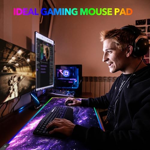 AIMSA RGB Mouse Pad LED Gaming Mouse Pad with 14 Lights Modes, Non-Slip Rubber Base Computer Carpet Desk Mat for PC Laptop (35.4 x 15.8 inch) Purple Blue Nebula - Image 7