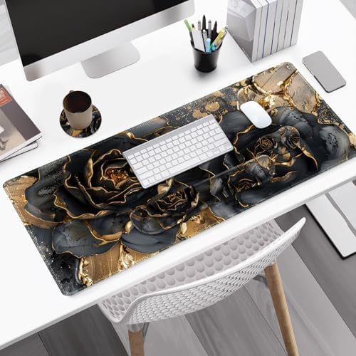 Desk Mat Pad, Gaming Mouse Pad Wrist Support Set, 4 in1 Non-Slip XXL Large Mousepad + Ergonomic Keyboard Wrist Rest+Mouse Wrist Rest+Coaster for Home Office PC Computer I Black Gold Floral - Image 2