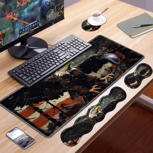 Ergonomic Keyboard Wrist Rest & Mouse Pad Wrist Rest Set,Large XXL Gaming Desk Mat 31.5"x 11.8",Non-Slip Base, Memory Foam,Easy Typing Pain Relief for Office & Home,Patriotic American Flag Bald Eagle - Image 7