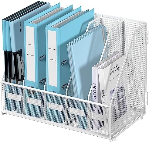 SUPEASY Desk Organizers Metal Desk Magazine File Holder with 5 Vertical Compartments Rack File Organizer for Office Desktop, Classroom, Home Workspace, White Plus by SUPEASY