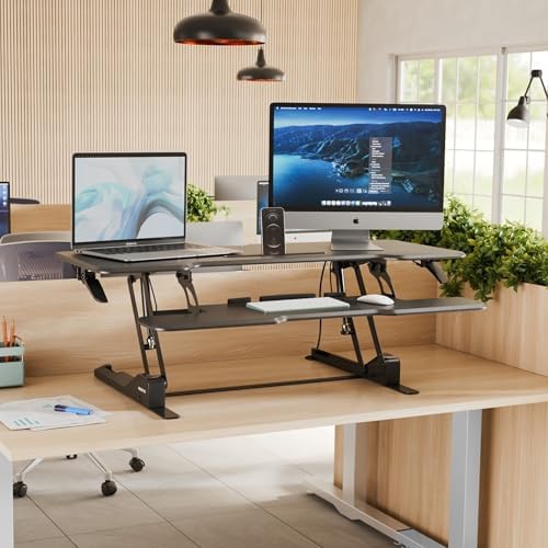 Mount-It! 47" Standing Desk Converter, XL Desktop Sit-Stand Desk Riser with Gas Spring Height Adjustment, Wide Desk Topper for Dual Monitors or Monitor & Laptop, Keyboard Tray, Black - Image 2