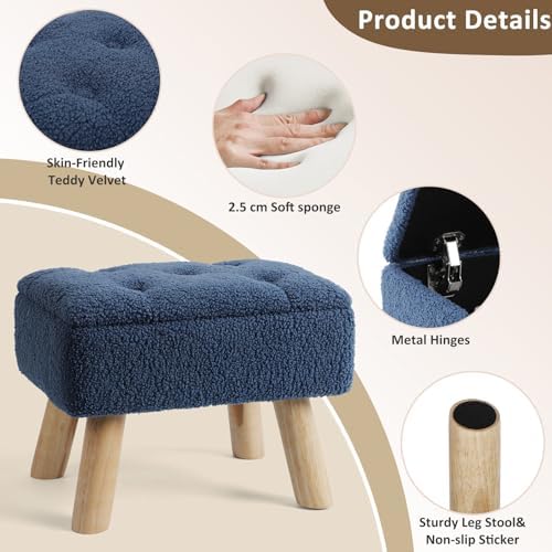 OGEMXU Storage Ottoman, Small Foot Stool Ottoman with Storage, Boucle Teddy Velvet Foot Rest with Padded Seat, Sturdy Wood Legs Stool for Living Room, Bedroom, Couch, Enterway (Dark Blue) - Image 6