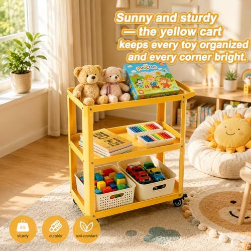 3 Tier Metal Utility Rolling Cart with Wheels, Yellow - Image 7