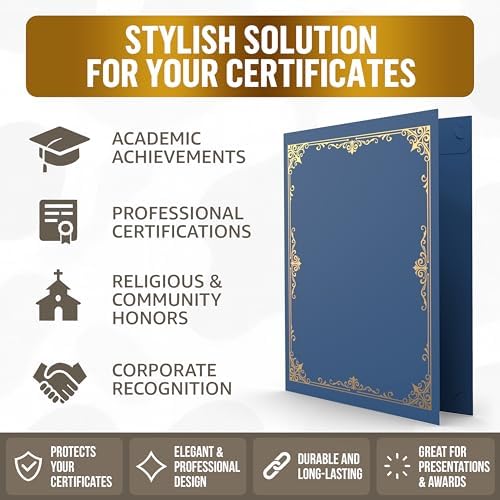 50 Pack Double Sided Certificate Holders 8.5x11 Blue - Heavyweight 300gsm Cardstock Diploma Holder - Dual Certificate Folder Letter Size Award Certificate for Graduation with Gold Foil Diploma Cover - Image 2