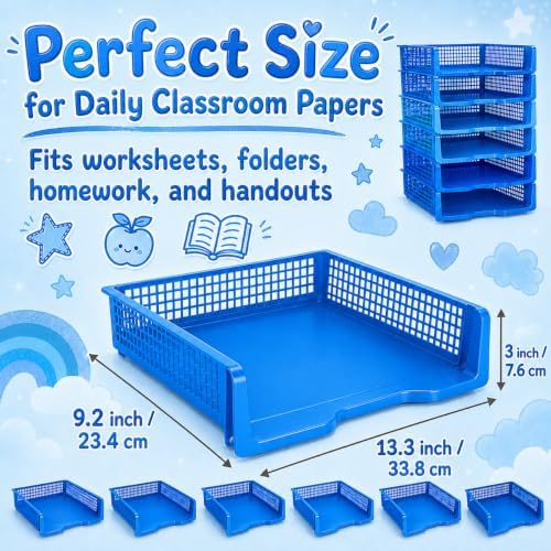 6 Pcs Blue Turn in Trays Classroom, Stackable Paper Bins for Classroom, 13x9x2.8 inch Plastic Baskets Desktop Organization System Office (Blue) - Image 2