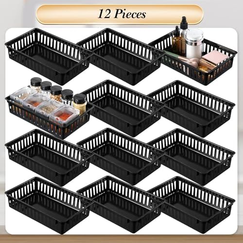 Wenqik Set of 12 Small Plastic Baskets for Organizing, Black - Image 2