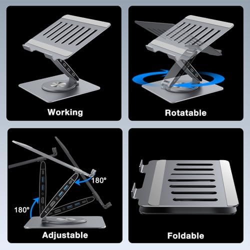 Adjustable Laptop Stand for Desk with Docking Station 9-in-1, Aluminum Laptop Riser with USB Hub, 360° Swivel, Dual Display 4K60Hz HDMI, 3 USB3.0, 100W PD Charging, for MacBook Pro Air/Dell/HP 7-15.6" - Image 2