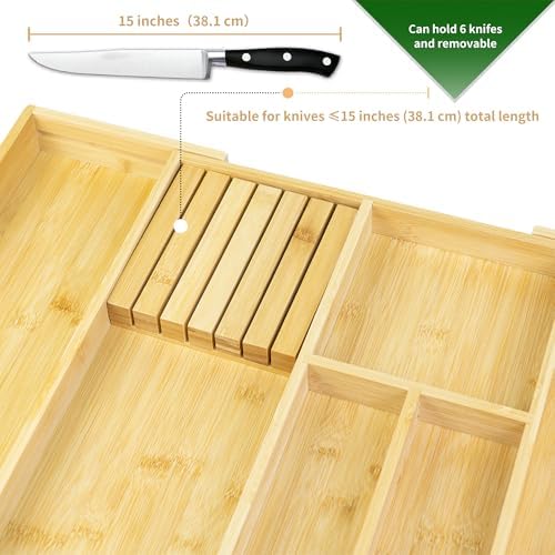 VaeFae Bamboo Silverware Drawer Organizer, 6 Slots, Natural - Image 4