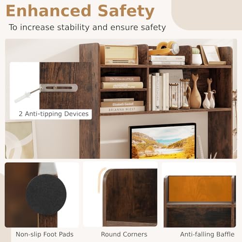 BECOMFORT Desk Hutch, Desk Organizer Shelf w/ 6 Storage Compartments, up to 32” Monitor, Wooden Display Rack, Desktop Bookshelf for Vanity Dressing Tabletop College Dorm Home & Office - Image 7
