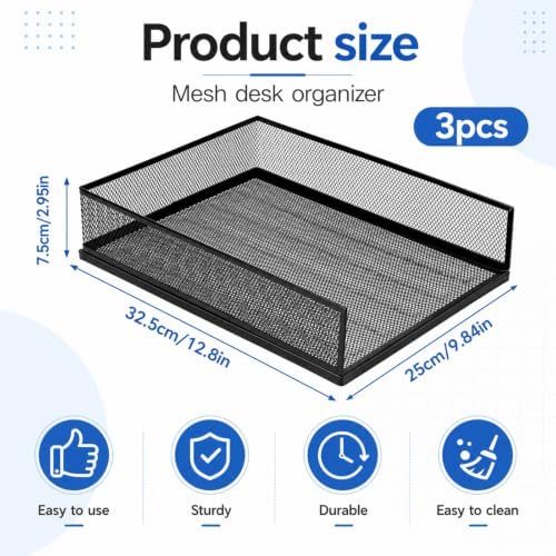 3 Pack Wire Mesh Letter Trays, Black Metal Magazine File Holder, Stackable Desk Tray Single Wire Mesh Organizer, Metal Paper Tray Office Document Organizer (12.8 x 9.84 Inch) - Image 2