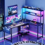 ODK 43" L Shaped Gaming Desk with Shelves, LED & Outlets, Black - Image 2