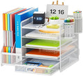 Marbrasse Desk Organiser with File Holder, 5-Tier Paper Letter Tray Organiser with Drawer and 2 Pen Holder, Mesh Desktop Organizer and Storage with Magazine Holder for Office Supplies(White) by Marbrasse