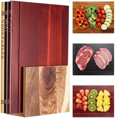 3 Pcs Acacia Wood Book Cutting Boards Set with Wooden Bookend Holder Book Shaped Solid Wood Cutting Board for Kitchen Fruits Vegetables Meat Fish Cheese Bread (Classic) by Acellegic