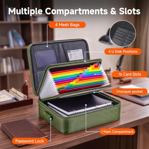 Fireproof Document Box With Lock, 16-Pocket File Organizer, Green - Image 4