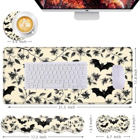 Mouse Pad,Large Desk Mat Set, 4in1 XL Mousepad + Keyboard Wrist Rest+Mouse Wrist Rest+Coaster with Ergonomic Desk Pad for Home Office Table Computer Cover -Floral Bats Pattern - Image 6