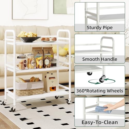 DCLRN 3 Tier Rolling Cart with Lockable Wheels Sturdy Construction,Solid Shelves,Recessed Screw Holes Ideal for Kitchen and Home Storage Size:23.6" Dx11.8 Wx29.5 H(White) - Image 4