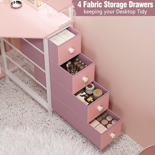 VENNQD Corner Desk with Drawers Shelves for Small Space 90 Degrees Triangle Computer Desk with Power Outlets,Gaming Desk with LED Lights Monitor Stand for Home Office Workstation Writing Table (Pink) - Image 6