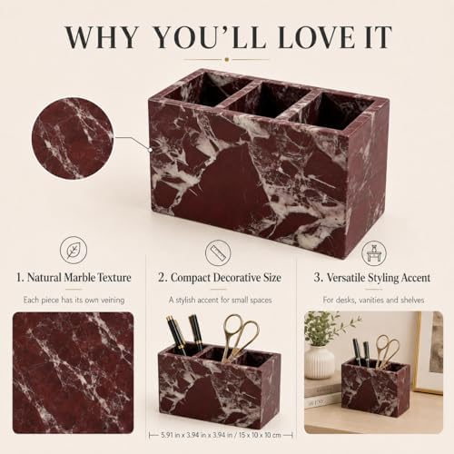Purple Red Marble 3-Compartment Pen Holder for Desk - Image 4