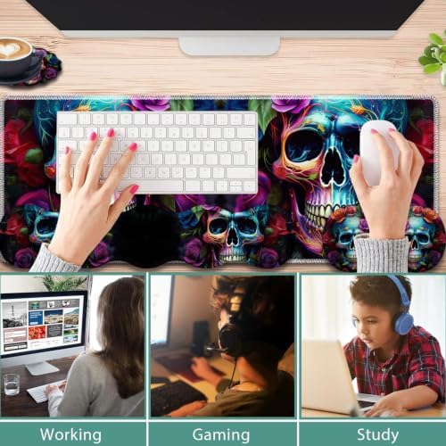 31.5"x 11.8" Oversized Gaming Mouse Pad Set, Ergonomic Keyboard and Mouse Wrist Rest + Cup Holder, Non-Slip Desktop Pad, Suitable for Home and Office Use, Colorful Rose Flower Skull - Image 3