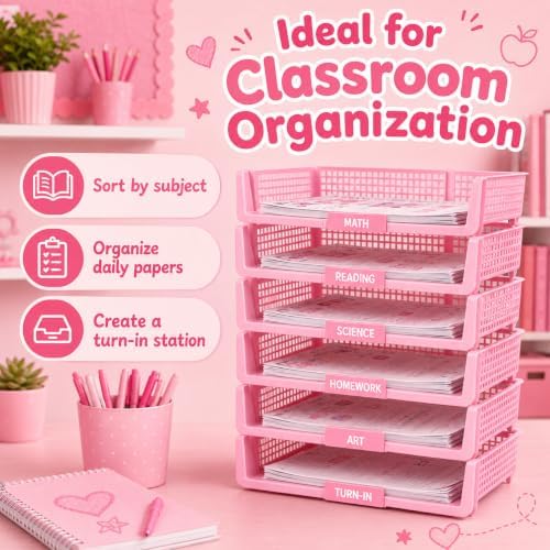 6 Pcs Pink Turn in Trays Classroom, Stackable Paper Bins for Classroom, 13x9x2.8 inch Plastic Baskets Desktop Organization System Office (Pink) - Image 7