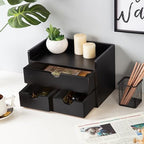 Rustic Distressed white 3-Tier Wood Desk Organizer with 3 Drawers Mini Storage Shelf For Desk, Toiletries Vanity Office Supplies (Black) - Image 2
