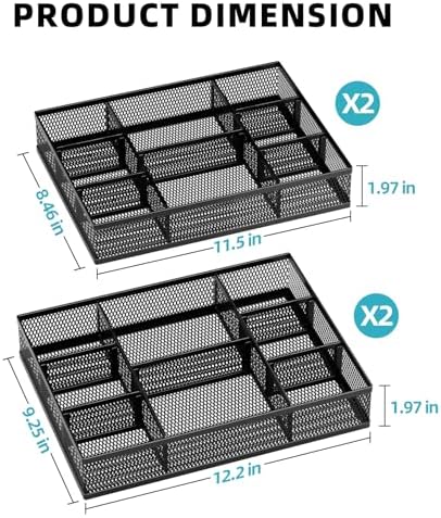 Marbrasse 2 Pack Desk Drawer Organizer, Mesh Drawer Organizer Tray with 8 Adjustable Compartments, Desk Organizers and Accessories, 5 Dividers Drawer for Office Supplies, Makeup & Vanity (Black-2P) - Image 5