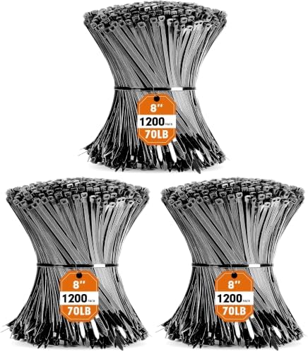 Zip Ties, RAZCC 1200pcs Black Cable Zip Ties 8 Inch, Heavy Duty Plastic Wire Ties with 70lb Tensile Strength, Self-Locking Black Nylon Tie Wraps for Indoor and Outdoor (Pack of 3) by RAZCC