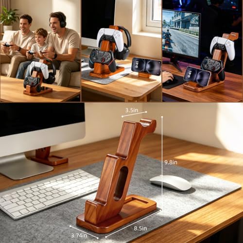 DEQIANG Solid Wood Headphone Stand with Dual Controller Holder (Set) - Image 5