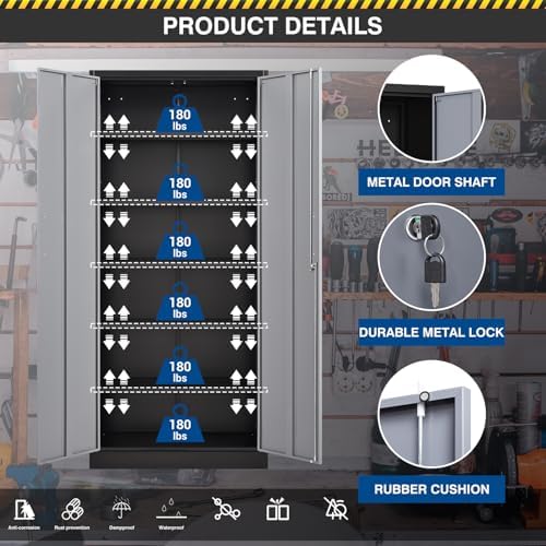 Fesbos Metal Cabinet Steel Storage Cabinet - 71” Tall File Cabinets with Lockable Doors and 5 Adjustable Shelves Black&Gray Steel Storage Cabinets for Home, School, Office, Garage - Image 6