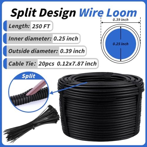Oleitodh 250 ft 1/4 in OD Split Wire Loom Tubing, with 20 Cable Ties - Image 2