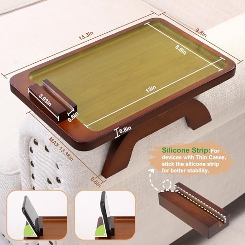 SINWANT Couch Arm Tray with 360° Rotating Phone Holder,Walnut,15.35x9.84-in - Image 4