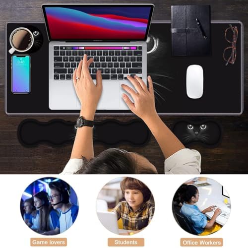 Ergonomic Keyboard Wrist Rest & Mouse Pad Wrist Rest Set, Large XXL Gaming Desk Mat 31.5"x 11.8" with Memory Foam, Easy Typing Pain Relief for Office & Home, Cute Black Cat Face - Image 7