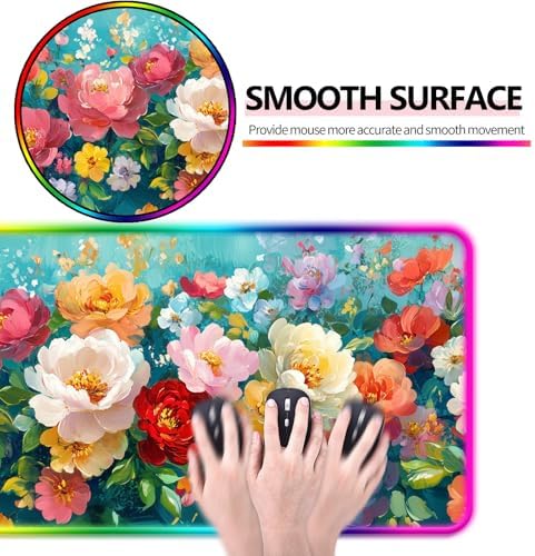RGB Colorful Flower Peony Gaming Desk Mat & Floral Mouse Pad, XL - Image 3