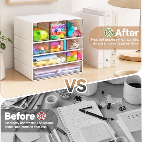 Desk Organizer with 9 Drawers, 4 Tiers Stackable Storage Drawers, Desktop Storage Box with Clear Drawers for Stationery, Makeup, Jewelry, Office and Craft Supplies (White) - Image 6