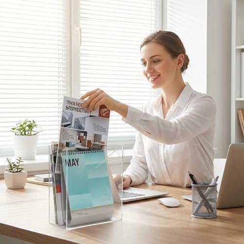Noamus Acrylic Magazine Holder, Newspaper Stand Organizer with Handles, Anti-Slip Clear File Rack, Modern Book Basket Box, Mail Storage Bin Space Saver for Home Office Bathroom Bedroom Living Room - Image 7