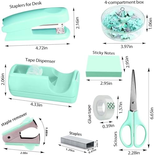 Green Office Desk Accessories Set with Stapler, Tape Dispenser and More - Image 2