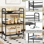 DCLRN 3 Tier Rolling Cart,Storage Organizer Cart,Multifunctional Storage Shelves,Rolling Metal Organization Cart with Handle and Lockable Wheels,for Home,Office,Kitchen,Bathroom(Black) - Image 4