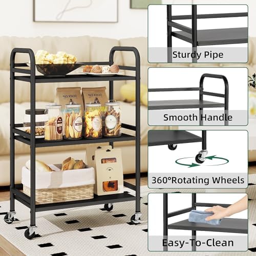 DCLRN 3 Tier Rolling Cart,Storage Organizer Cart,Multifunctional Storage Shelves,Rolling Metal Organization Cart with Handle and Lockable Wheels,for Home,Office,Kitchen,Bathroom(Black) - Image 4