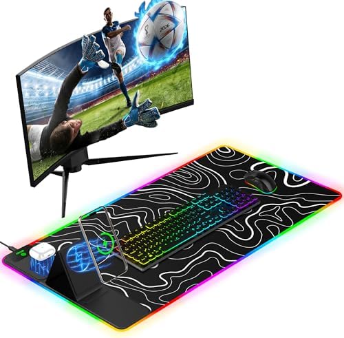 Mouse Pad with Foldable Phone Holder & Wireless Charger, XXL RGB Gaming Mousepad 31.5"x15.8" Large Desk Mat for Keyboard, 11 Colors 5 Modes by miroddi