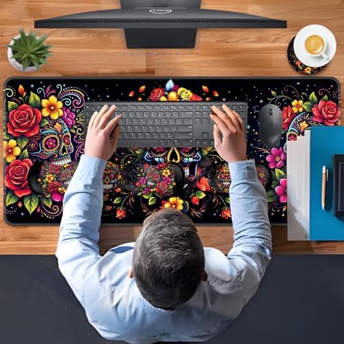 TGFEWYTJYJ Extended Gaming Mouse Pad,Memory Foam Ergonomic Keyboard Mouse Wrist Rest Support Set,Large Desk Mat with Stitched Edges,Non-Slip Base Mousepad Home Office,Skull in Flowers - Image 7