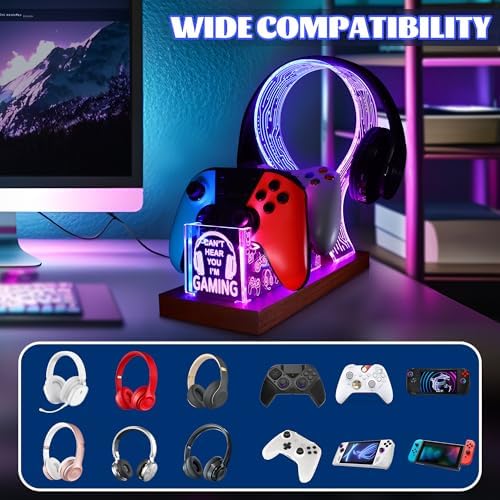 YuanDian Gamer Gifts for Teenage Boy, Can't Hear You I'm Gaming Headset and Controller Stand, Acrylic Wooden Controller Holder with Blue Pink LED Night Light, Desk Decor Gift - Image 3