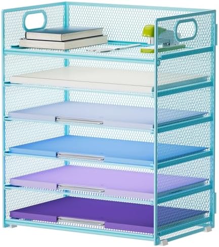 Marbrasse 6 Tier Paper Organizer Letter Tray - Mesh Desk File Organizer with Handle, Paper Sorter for Letter/A4 Office File Folder Holder -Blue by Marbrasse
