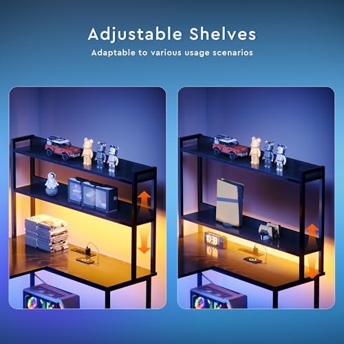 L Shaped Gaming Desk, Reversible with LED Lights, Shelves, Charging, Black - Image 7