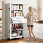 White Metal Garage Storage Cabinet Rolling Kitchen Storage Pantry Cabinet - Image 2