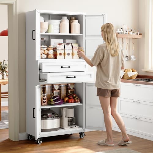 White Metal Garage Storage Cabinet Rolling Kitchen Storage Pantry Cabinet - Image 2